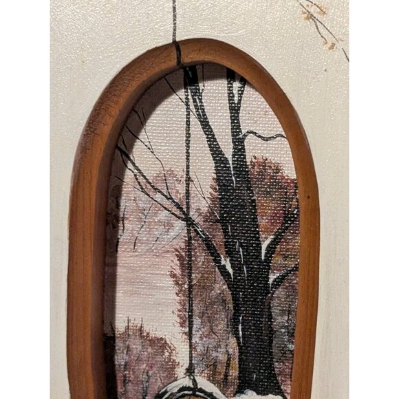 Painted Wooden Frame Folk Art Tree Tire Swing Sample Plaque Winter Lonely Vtg - Picture 6 of 16